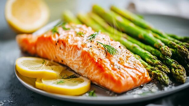 Grilled Salmon with Asparagus and Lemon - Healthy Dinner Recipe for Wellness Fitness and Mediterranean Cuisine Photography
