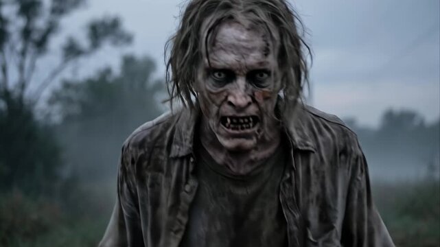 Zombie man walking on empty dark road in fog. Scary horror creature in tattered clothing wandering through countryside. Cinematic undead character concept for Halloween movie scene.