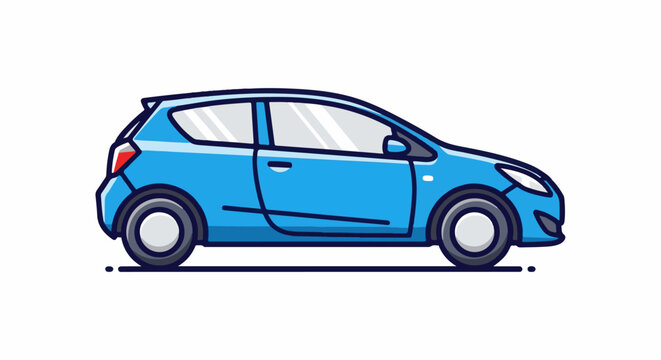 A vibrant blue, cartoonish hatchback car is depicted in profile on a white background