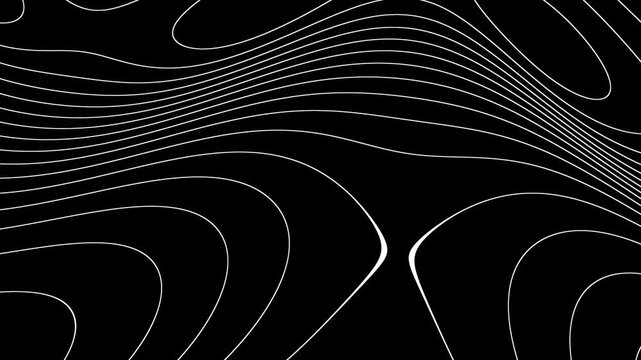 Topographic line art on a black background showing white organic wavy contours for high end fashion branding and technical engineering background designs