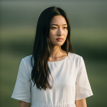 A serene young Asian woman standing in a green field wearing a simple white dress.