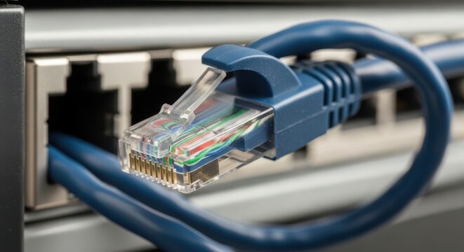A blue ethernet cable plugged into a network switch