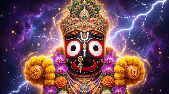 Jagannath cosmic deity portrait with lightning energy and vibrant floral decoration for spiritual festival design and powerful devotional artwork use
