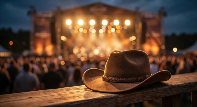 Cowboy hat on wooden railing at outdoor music festival with blurred stage lights and crowd, symbolizing country concert, live entertainment, and summer event atmosphere