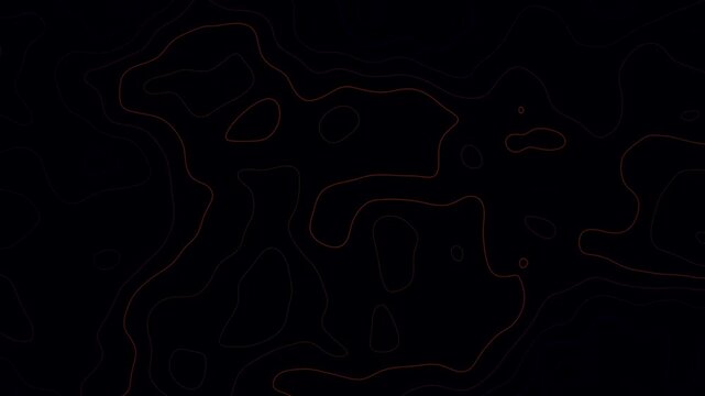 Topographic map background with dark red contour lines on a black surface creating a moody abstract landscape for futuristic design concepts and geological data visualization