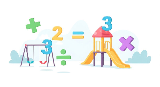 a vibrant educational illustration of basic math concepts for children, featuring addition, subtraction, multiplication, and division symbols floating in a playful playground environment.