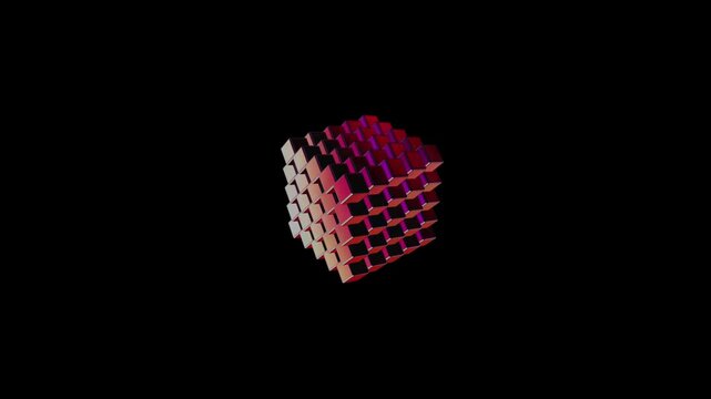 Modular data cube with pink and silver sections isolated on black representing structured information systems and cloud computing storage solution architectural concepts