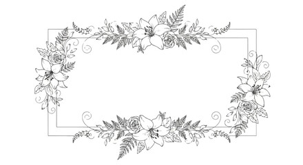Fototapeta premium Black and white floral border design with leaves and flowers arranged in a rectangular frame on a white background.