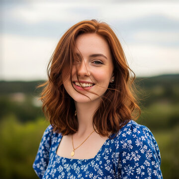 A cheerful, freckled redheaded woman laughing happily outdoors in a blue floral dress on summer day.