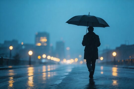 Person walking with umbrella in rainy city
