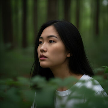 A young Asian woman standing thoughtfully amidst the lush green foliage of a dense forest.