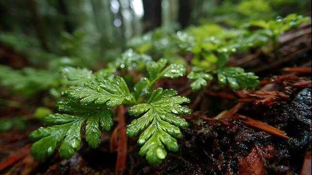 Vibrant green fern leaves covered in morning dew drops growing on the dark damp forest floor in a lush temperate rainforest environment with soft natural light