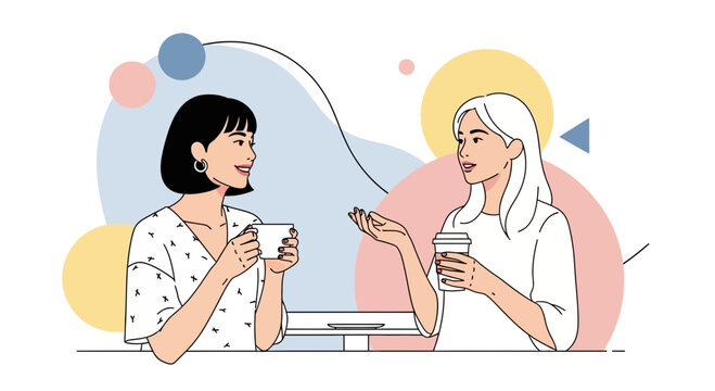 Two women friends enjoying coffee conversation illustration.
