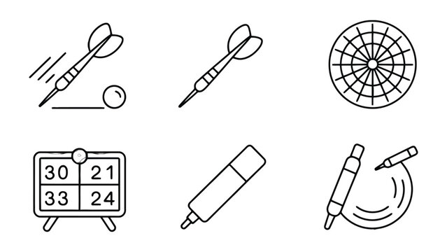 Dart Game Icons: Set of dart game icons, minimalist line art showcasing a dart in flight, a single dart, a target, a score board, a marker and a pencil.