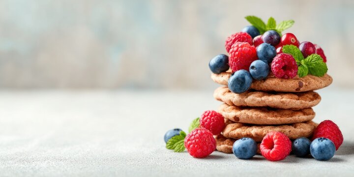 Delicious stack of fresh homemade cookies topped with organic berries and mint leaves with soft natural light and clean copy space creating healthy indulgent dessert concept
