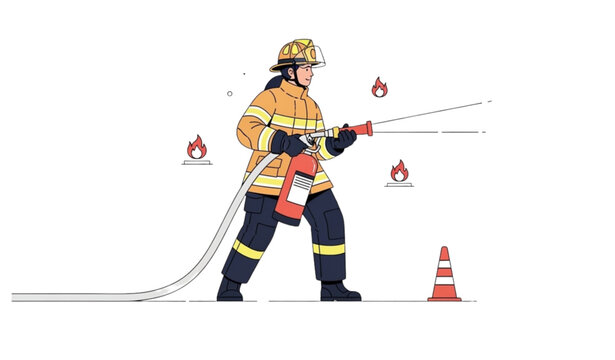 Female firefighter training concept woman practicing fire safety drill vector illustration
