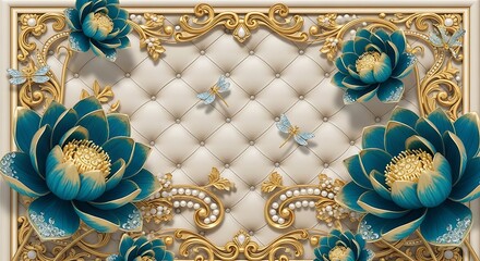 Fototapeta premium A luxurious decorative panel with blue flowers and gold accents on a white background