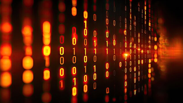 Dynamic digital stream of glowing orange and red binary code on a dark background