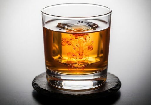 A glass of whiskey with a large ice cube and swirling orange bitters