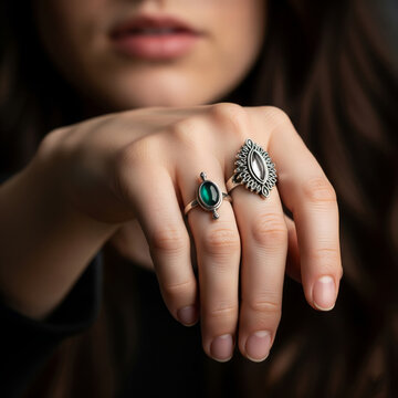 A close-up of a young woman's hand showcasing two beautiful ornate silver and green gemstone rings.