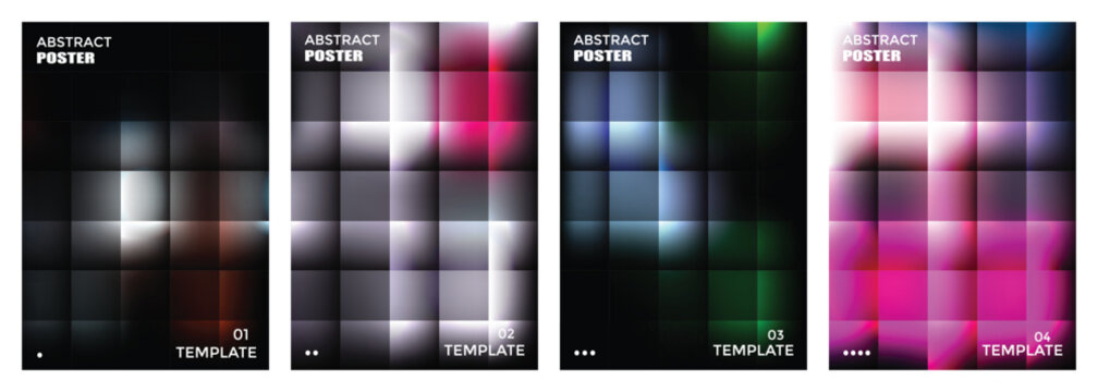 Four abstract poster templates with gradient square pixelated designs
