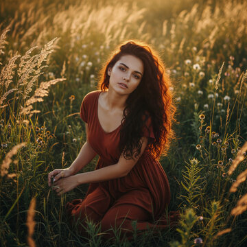 A beautiful young woman with curly hair kneels in a grassy field during golden sunset.