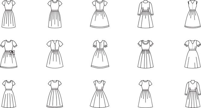 Black and white line of women in various dresses and skirts line women fashion