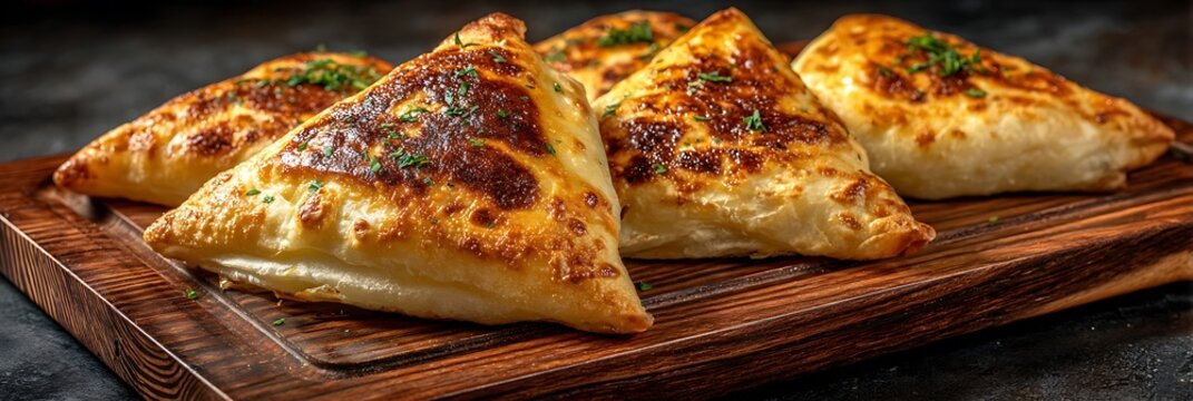 Delicious Golden Brown Triangular Puff Pastries with Savory Filling and Fresh Herb Garnish Served on a Rustic Wooden Cutting Board for Gourmet Food Presentation