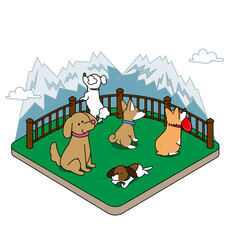 Fototapeta premium ドッグランで遊んだりくつろいだりする犬たちのアイソメトリックイラスト