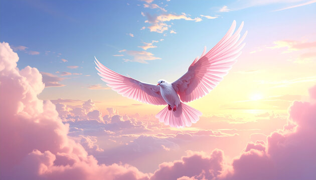 Dove Flying in Pink Sky