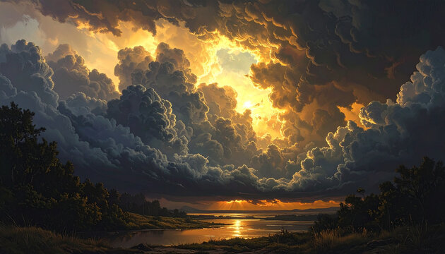 Dramatic sunset clouds over river