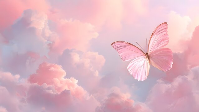 Single pink butterfly floating above soft clouds in a pastel dreamy sky