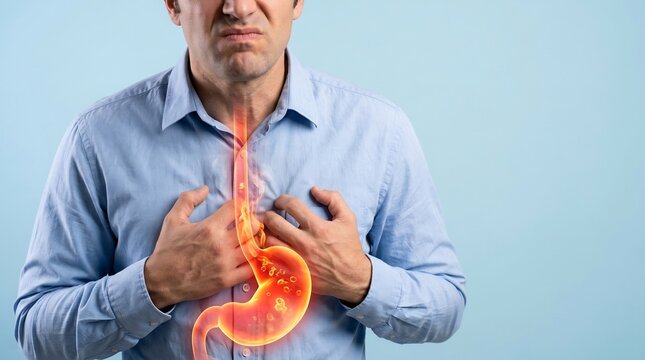 Stomach pain experienced by an adult man manifests as a glowing internal illustration highlighting the area of gastrointestinal discomfort and acid reflux symptoms for medical health communication.
