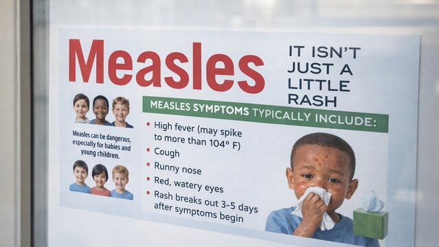 A measles awareness poster highlighting symptoms, risks, and the seriousness of the disease, featuring children and public‑health messaging.