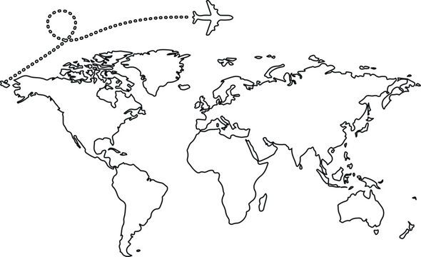 Hand drawn white map and flight path airplane