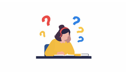 Young girl student with headphones sitting at desk with many question marks around her