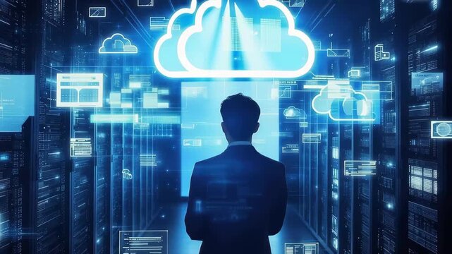 Cloud Computing Expert Analyzing Data Management Solutions in a Modern Server Room