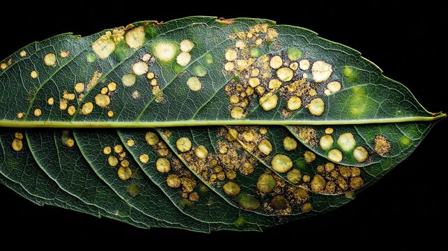 A close-up view of a green leaf displaying spots and discoloration, showcasing the effects of disease and environmental stress on plant health.