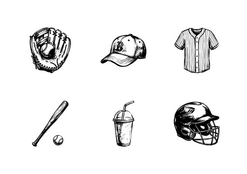 Baseball Equipment and Game Day Snacks with Clumsy Hand-Drawn Ink Doodle Style