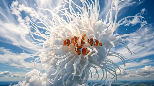 Clownfish are playfully interacting with a large white cloud resembling a sea anemone. Floating in a vibrant blue sky with wispy cirrus and cumulus clouds. Creating a whimsical and surreal dreamscape