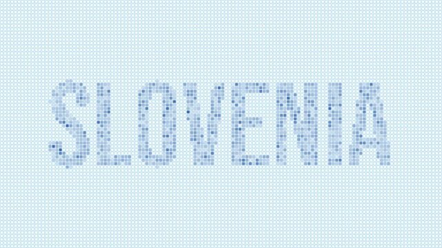 Slovenia dotted map animation. Digital style shape of the country. Slovenia shape and title dots appear with bulb flickering effect. Intro, outro, logo, title video.