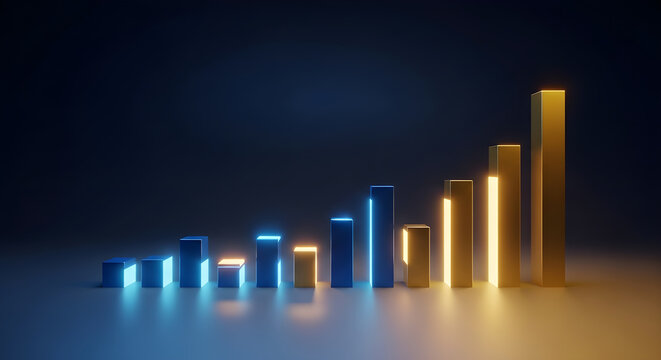Dynamic 3D bar chart illustrating steady business growth and financial success with glowing blue and gold data visualization on a dark background