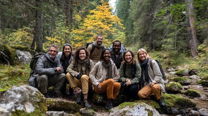 A diverse group of friends enjoys a beautiful day in nature, surrounded by lush greenery and stunning trees. The joy of companionship and adventure is evident in their smiles.