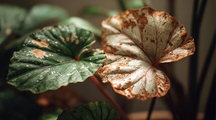Obraz premium This captivating close-up showcases the intricate details of green and brown leaves, highlighting the textures and patterns that contribute to a serene indoor atmosphere.