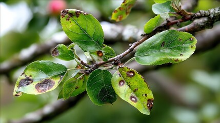 A close-up view of a branch displaying green leaves with distinctive spots and blemishes, indicating potential disease