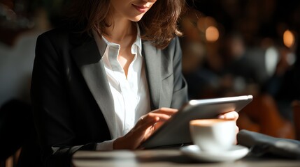 A professional woman sitting in a cozy cafe, engaging with a tablet