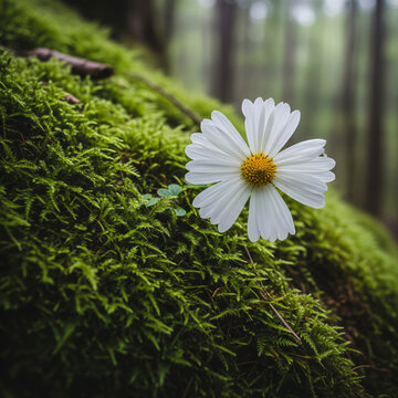 A single white daisy flower sits beautifully on a lush green mossy hillside in the forest.