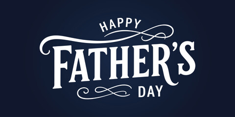 Happy fathers day elegant typography design on dark blue background with white cursive script and decorative swashes for holiday greeting card or luxury gift tag label illustration. © Kawsar