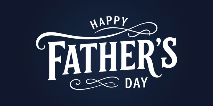 Happy fathers day elegant typography design on dark blue background with white cursive script and decorative swashes for holiday greeting card or luxury gift tag label illustration.