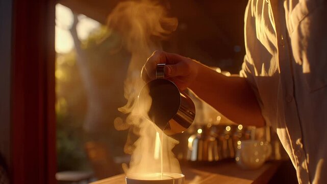 Man carefully pours coffee into a cup in a sun-drenched kitchen creating a warm and inviting morning ritual scene perfect for lifestyle content